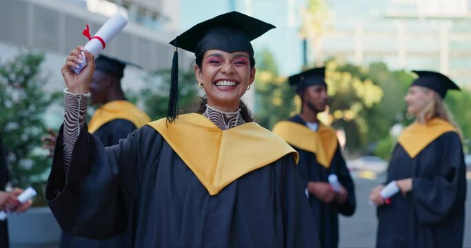 Face, outdoor and woman with graduation, certificate and university with success, achievement and excited. Portrait, students and person with smile, event and celebration with scholarship and college