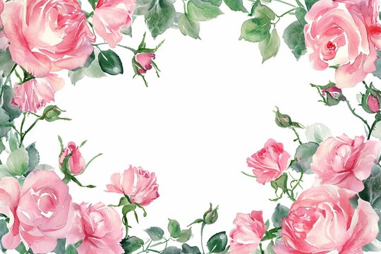 Wreaths, floral frames, watercolor flowers pink roses, Illustration hand painted. Isolated on white background. Perfectly for greeting card design.