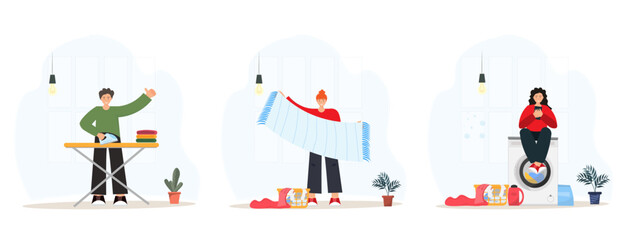 Set with people washing and ironing clothes in the laundry room with washing machine, clothes, towels, family household concept, laundry room furniture, flat vector illustration