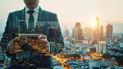 Double exposure of business man holding digital tablet and city background. real estate business development concepts, investments with copy space - obrazy, fototapety, plakaty