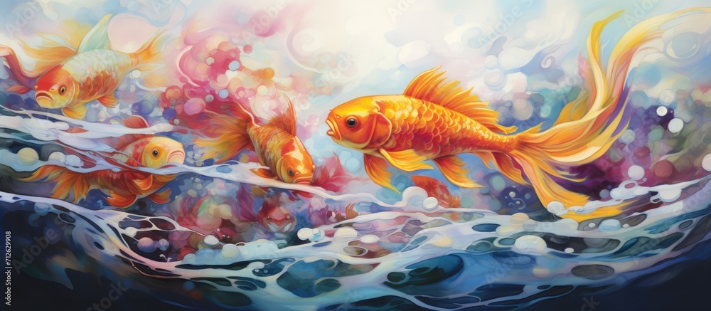 Wall mural Colorful fish glide gracefully, creating ripples--a tranquil aquatic ballet beneath the open sky. - Wall murals