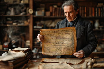 victorian archivist or historian looking through an old document - obrazy, fototapety, plakaty