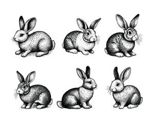 set of rabbits  illustration. hand drawn rabbit black and white vector illustration. isolated white background
