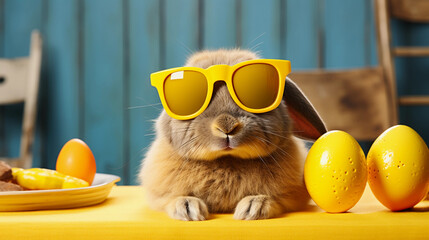 Funny easter concept holiday animal greeting card - Cool Easter bunny with sunglasses leans on a...