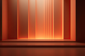 Peach orange background. Podium space for cosmetics, equipment, gadgets. Neon glow futuristic space design, empty space base.