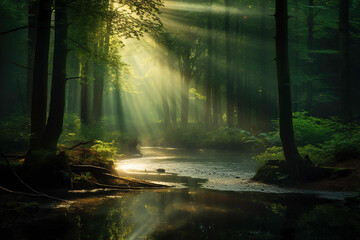 Fototapeta premium image of sunlight at dusk entering through the trees of a dark forest