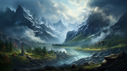 Naklejka na ściany i meble Illustration of an imaginary world, panorama of a tall rocky mountain covered in white smoke, under the mountain flowing a clear and fresh river, on the bank of the river , Generate AI