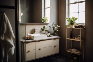 Fototapeta na wymiar Modern bathroom interior with plants and natural light