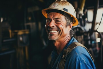 Smiling oil rig worker in hard hat on offshore platform
