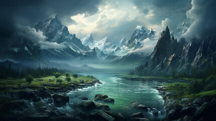 Illustration of an imaginary world, panorama of a tall rocky mountain covered in white smoke, under the mountain flowing a clear and fresh river, on the bank of the river , Generate AI