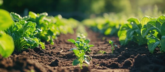 Organic vegetables grown on a sunny farm using eco-friendly methods. Agriculture and agro business with selective focus on young pepper, leek, and cabbage plantation rows. - obrazy, fototapety, plakaty