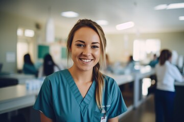 Portrait of a young nurse in scrubs at hospital
