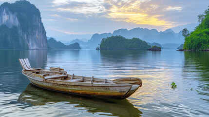 Obraz premium calm lake at sunrise with a wooden boat in the foreground and misty mountains in the distance under a soft golden sky