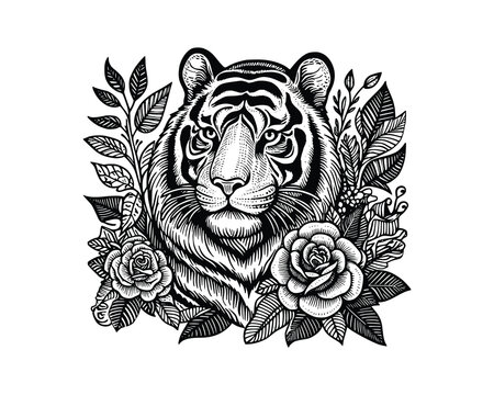 tiger head illustration. hand drawn tiger black and white vector illustration. isolated white background
