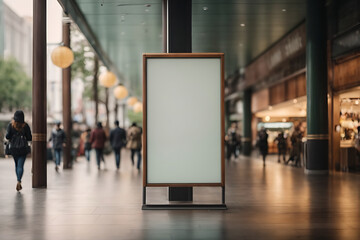 Display blank, clean screen or signboard mockup for offers or advertisements in public areas with people walking. - obrazy, fototapety, plakaty