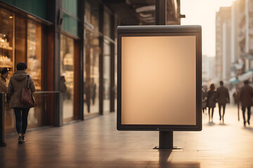 Display blank, clean screen or signboard mockup for offers or advertisements in public areas with people walking.