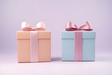 Two wrapped gift boxes in pastel colors with pink satin ribbons and bows on a lilac background.