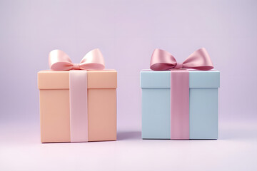 Obraz premium Two wrapped gift boxes in pastel colors with pink satin ribbons and bows on a lilac background.