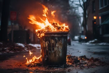 Fotobehang Trash can on fire engulfed in flames with road in background generative ai © Richard