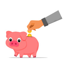 Illustration of a hand putting money into a piggy bank. Piggy bank and hand with coin. Vector illustration