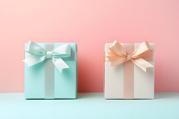 Two wrapped gift boxes in pastel colors with satin bows stand on a turquoise table against a pink wall.