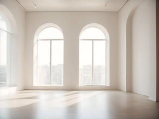 Empty, minimal white room with interesting glare from the window. Interior background for the presentation design.