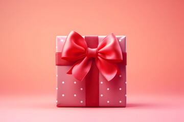 Bright pink gift box wrapped in polka dot paper with a satin ribbon bow on a pink background. Holiday gift.