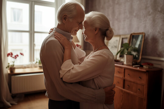 Happy elderly old couple in living room holding each other generative ai