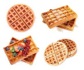 Tasty Belgian waffles isolated on white, collection