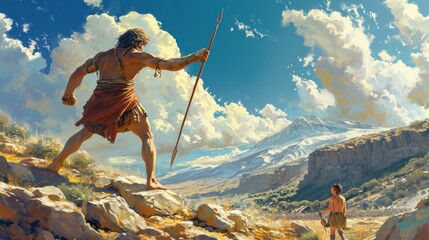 David and Goliath battling on a land in high definition - obrazy, fototapety, plakaty
