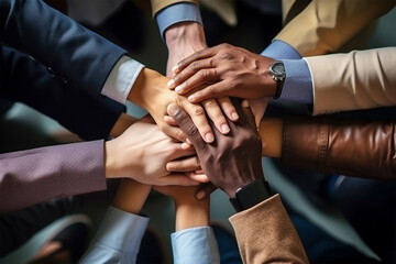 Business team putting hands on each other, Businessmen working together to achieve success ,symbolizing unity and teamwork.