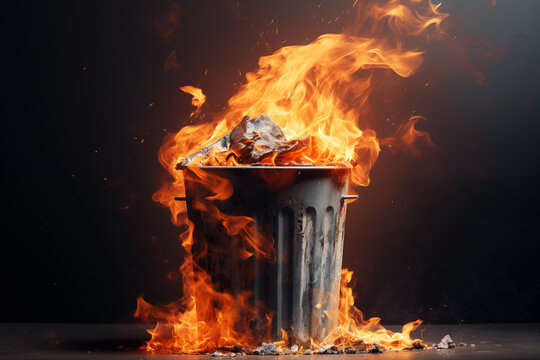 Trash can on fire engulfed in flames with minimal background generative ai