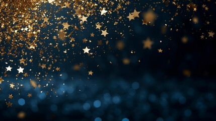 Festive dark blue bokeh background with flying golden stars and bright particles. Beautiful Illustration for greeting card, carnival, holiday, celebration. - obrazy, fototapety, plakaty