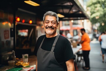Fototapeta premium Smiling portrait of a middle aged mexican man working in food truck
