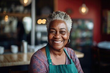 Portrait of a smiling senior waitress in cafe - obrazy, fototapety, plakaty