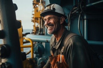 Smiling oil rig worker in hard hat on offshore platform