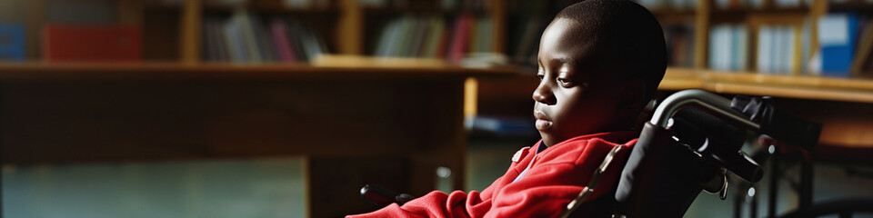 Disabled black school boy child in a wheelchair in a library filled with books for learning. Primary school education and ethnic diversity and inclusion and representation concept - obrazy, fototapety, plakaty