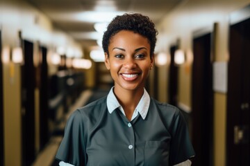 Smiling portrait of a young maid at hotel - obrazy, fototapety, plakaty
