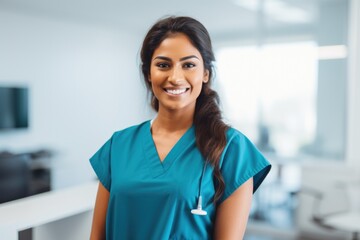 Portrait of a young nurse in scrubs at hospital - obrazy, fototapety, plakaty