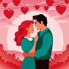 A couple in love. A man and a woman embrace tenderly. Family. Vector. Valentine's Day. Background of hearts and sunset. Color red, green