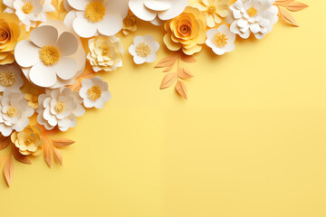 Tasteful Mothers Day or Women's Day yellow background or banner. Delicate springtime flowers with copy space