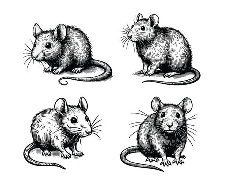 set of rats illustration. hand drawn mouse black and white vector illustration. isolated white background