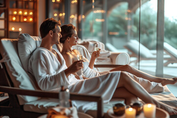 Couple in love enjoys a romantic spa experience with champagne and ambient candle lighting - Powered by Adobe