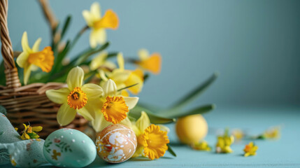Fototapeta na wymiar Banner with a wicker basket with Easter eggs and yellow daffodil flowers on the left on a congratulatory blue background with copy space