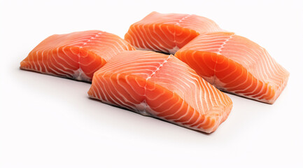 four pieces of salmon in their natural state against a white background