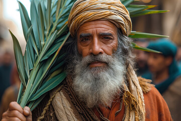 An elderly bearded man with palm leaves in his hands against the background of the old city,...