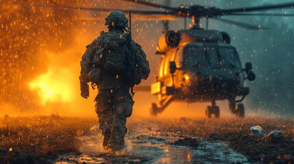 back view of a soldier running to the helicopter during rain - obrazy, fototapety, plakaty