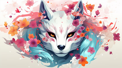 illustrationof kitsune mask artwork with sakura flower, japanese mask vector wall art print japan style splash smoke rainbow background , Generate AI - obrazy, fototapety, plakaty