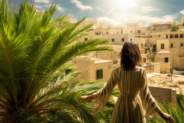 Girl on the roof of a house next to a palm tree, sunrise over the old town, idea for a background for Palm Sunday - obrazy, fototapety, plakaty