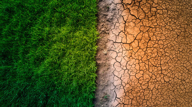 Imagen aérea de un terreno fértil con prados verdes y otra zona de tierra seca y quemada como símbolo del cambio climatico